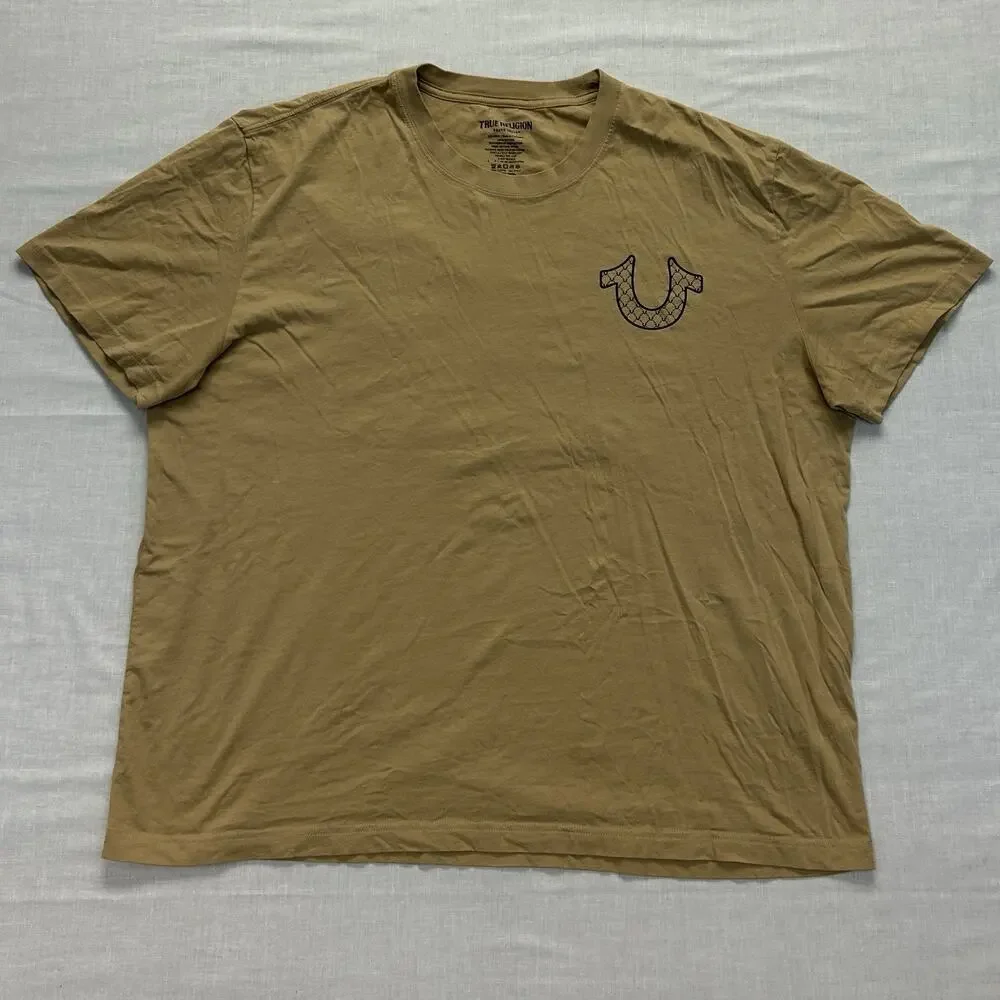 True Religion Relaxed Fit Graphic Print T-Shirt Men's 3XL Short Sleeve Beige Tee